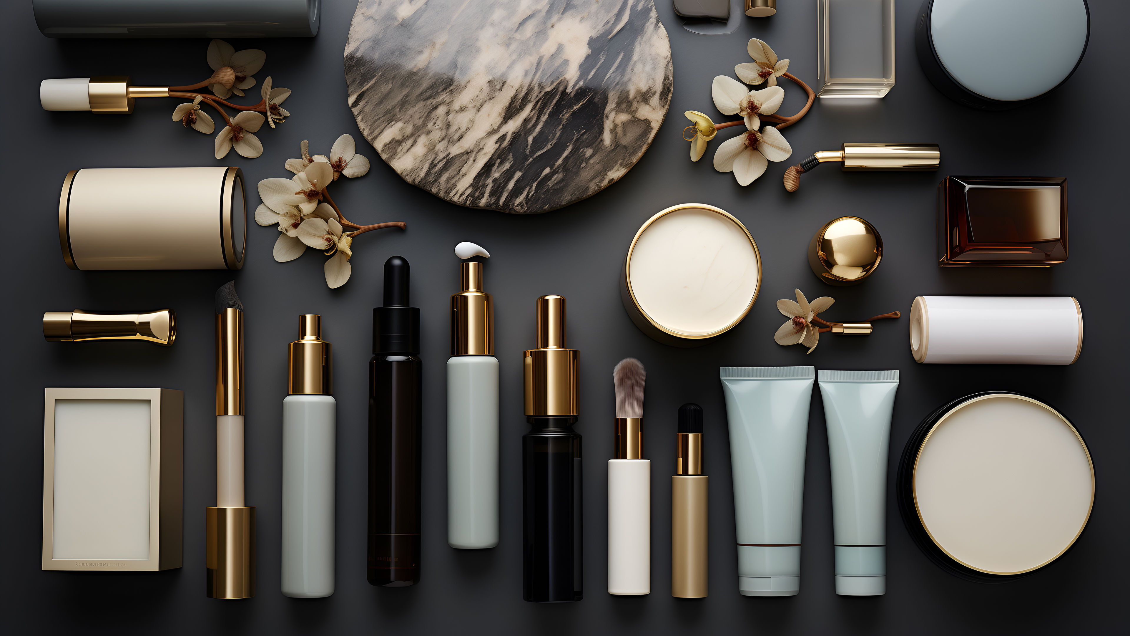  Cosmetic items in golden shades arranged on the table