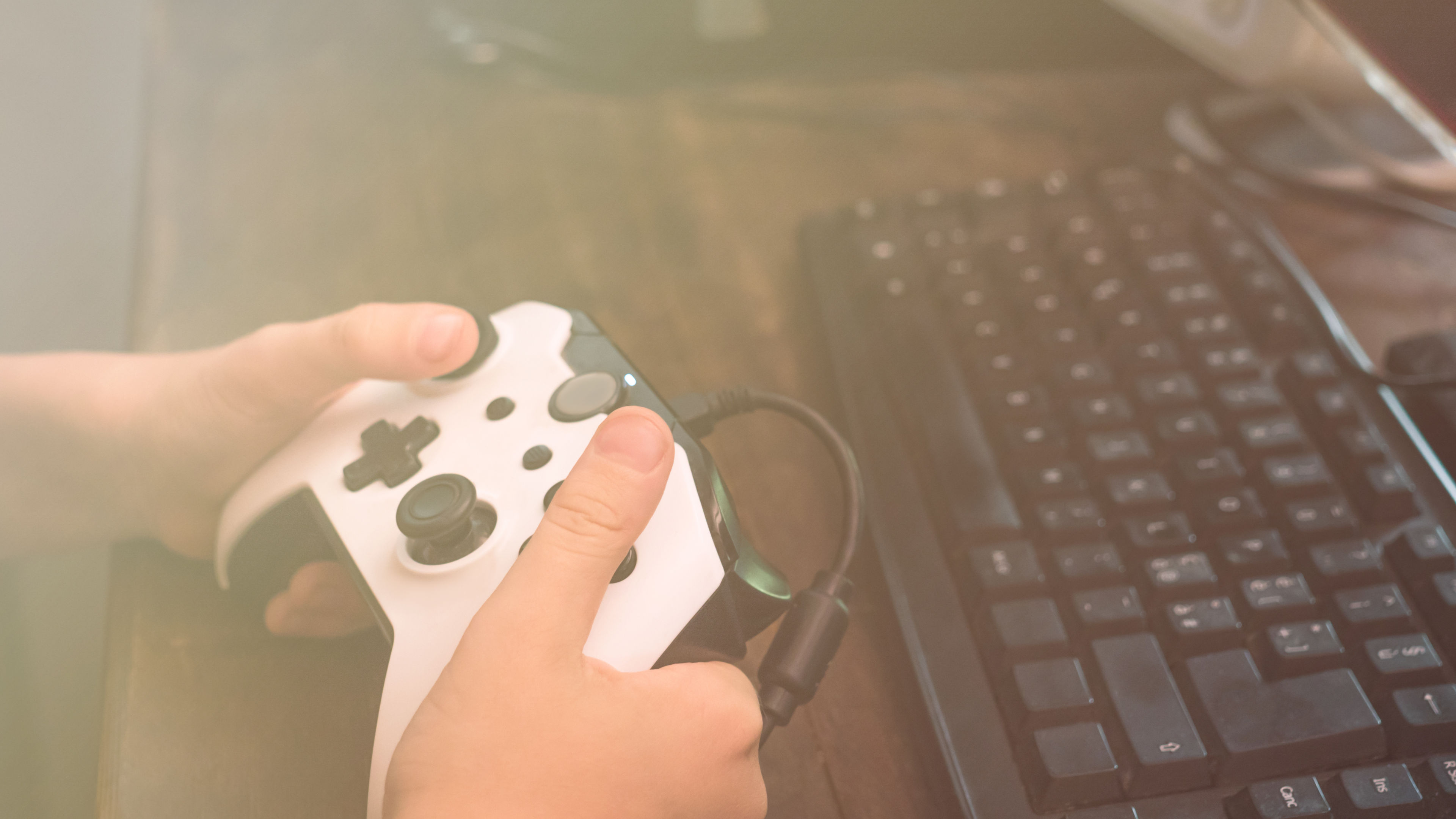 Little kid playing with joystick