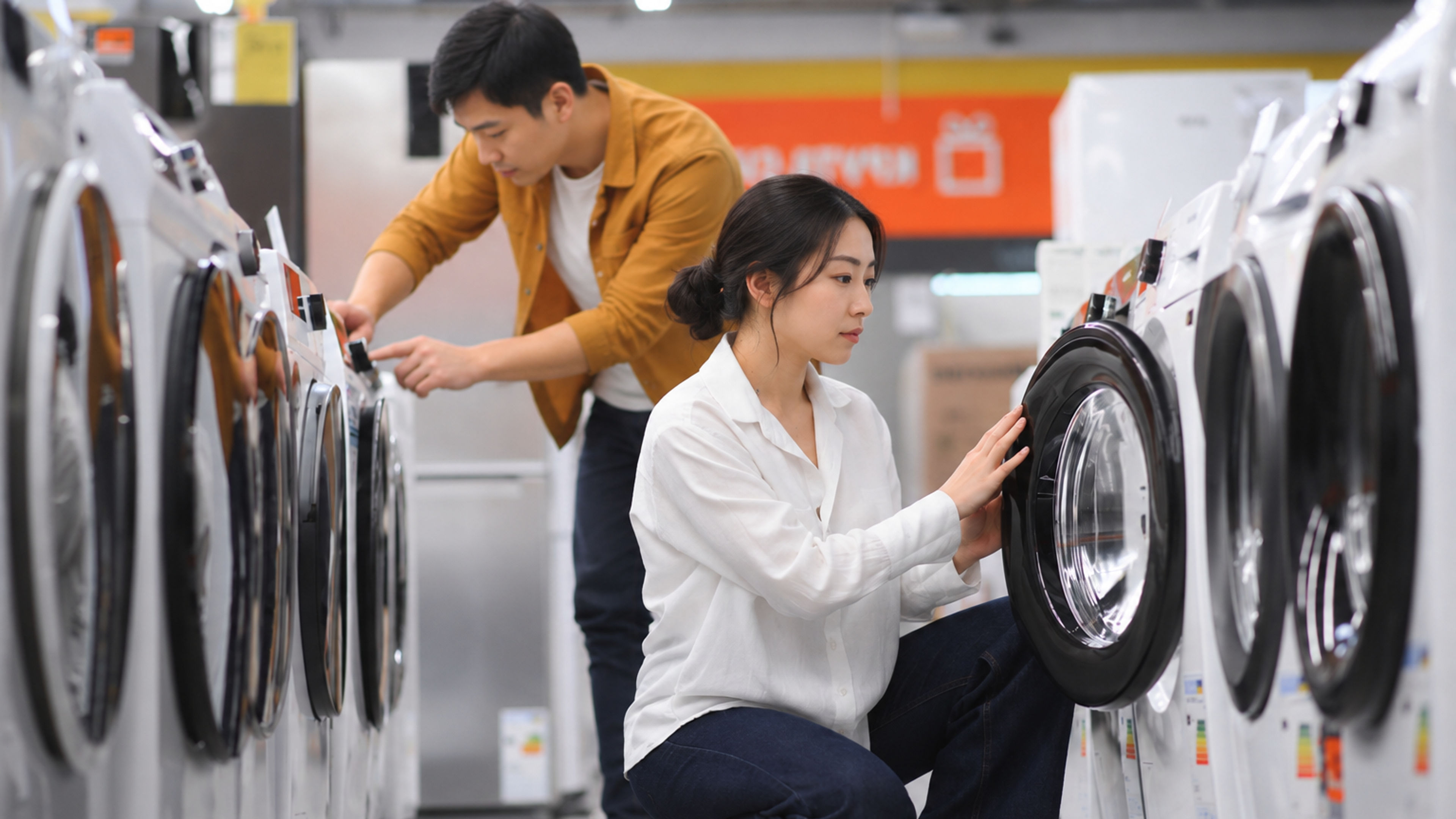 Adults Shop for Washing Machines in Appliance Store