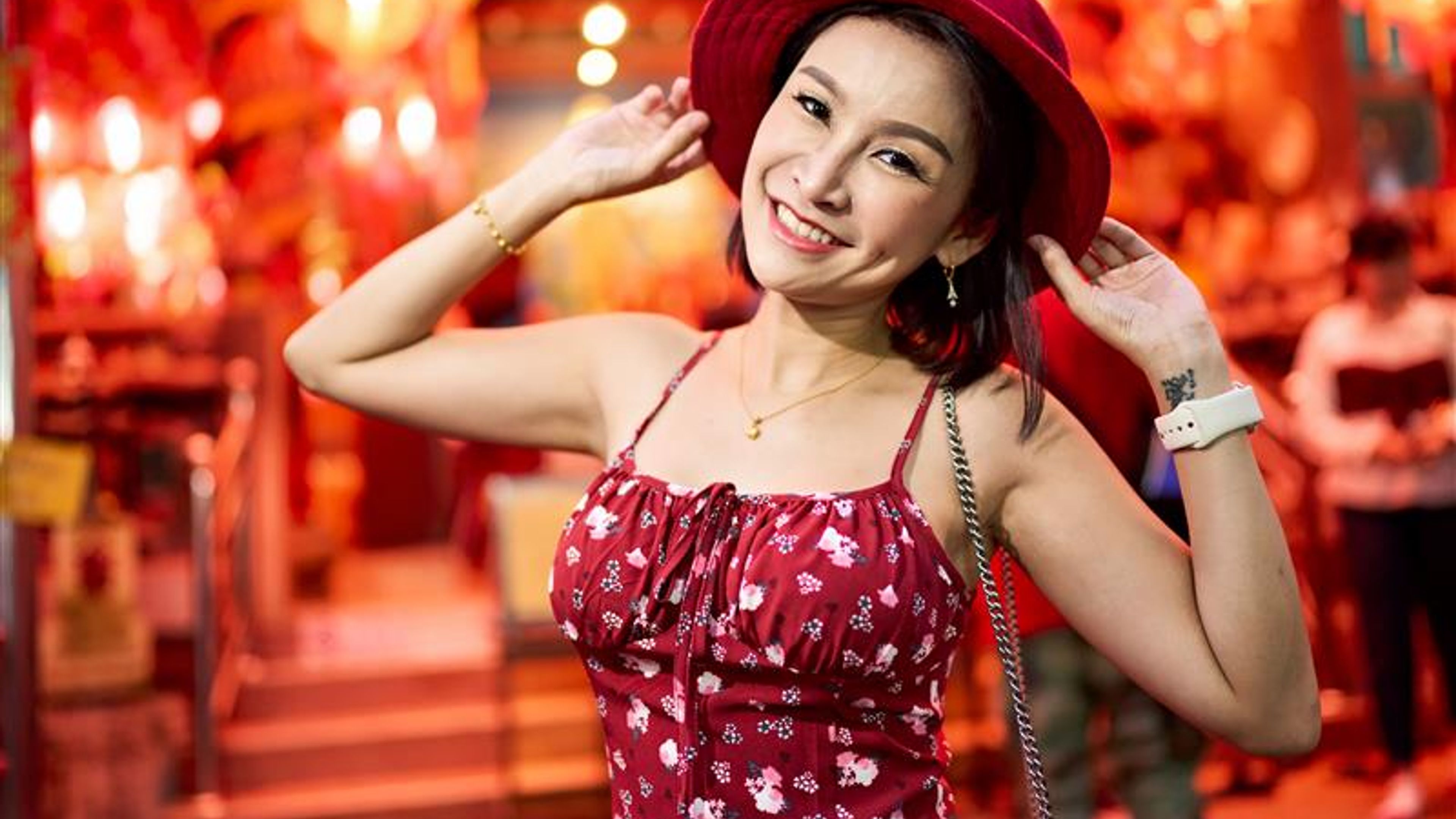 happy thai woman at temple in yaowarat china town bangkok during chinese new year