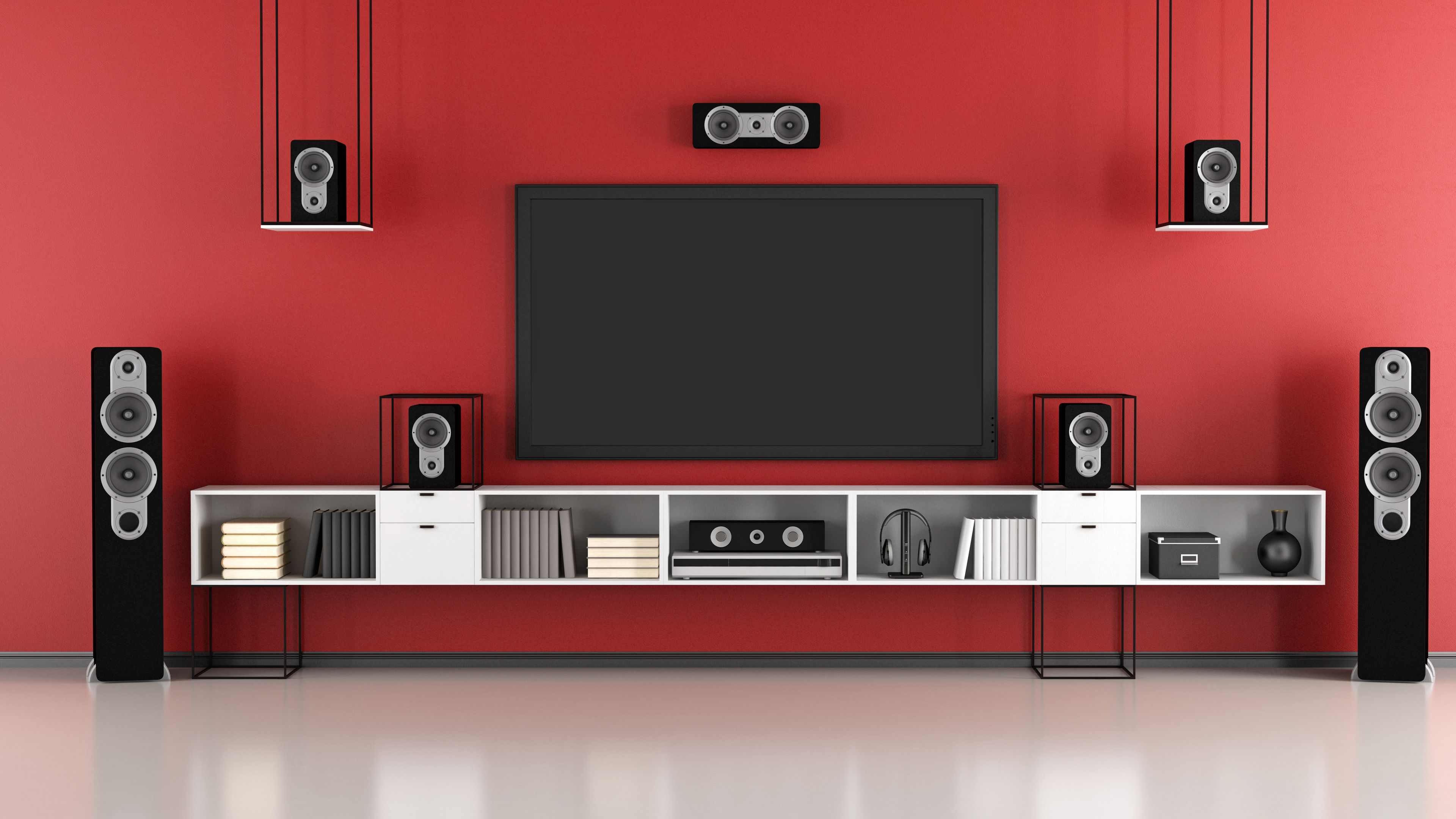 Contemporary red and black home cinema system 