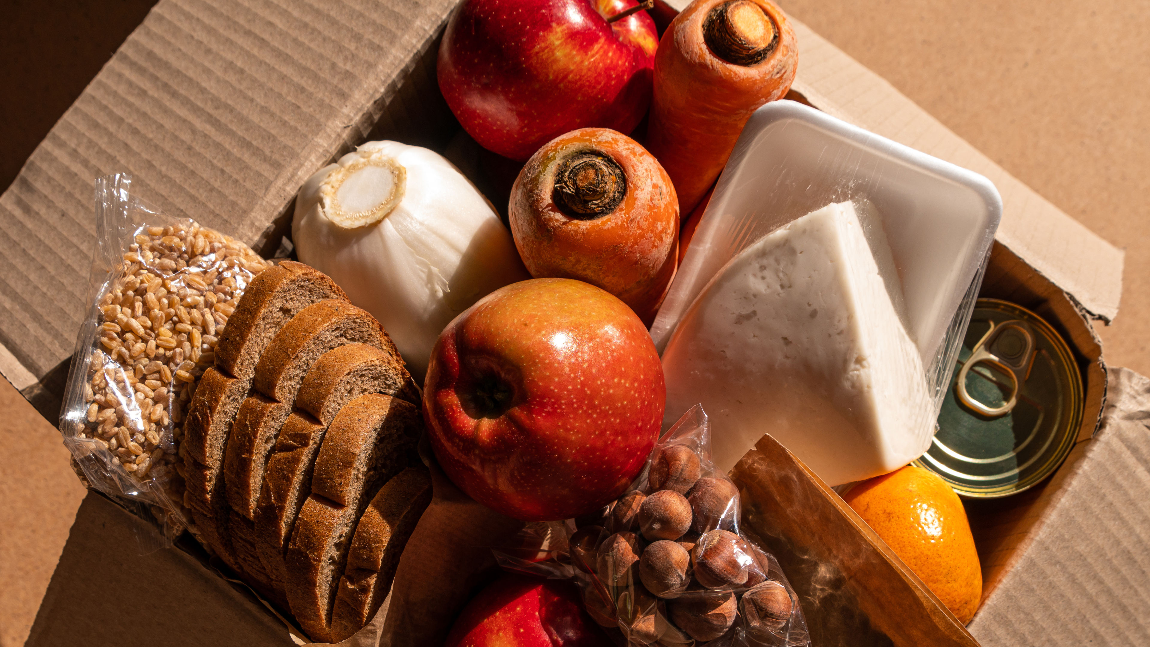Healthy food delivery flat lay Take away organic products.Donation box New normal online shopping 