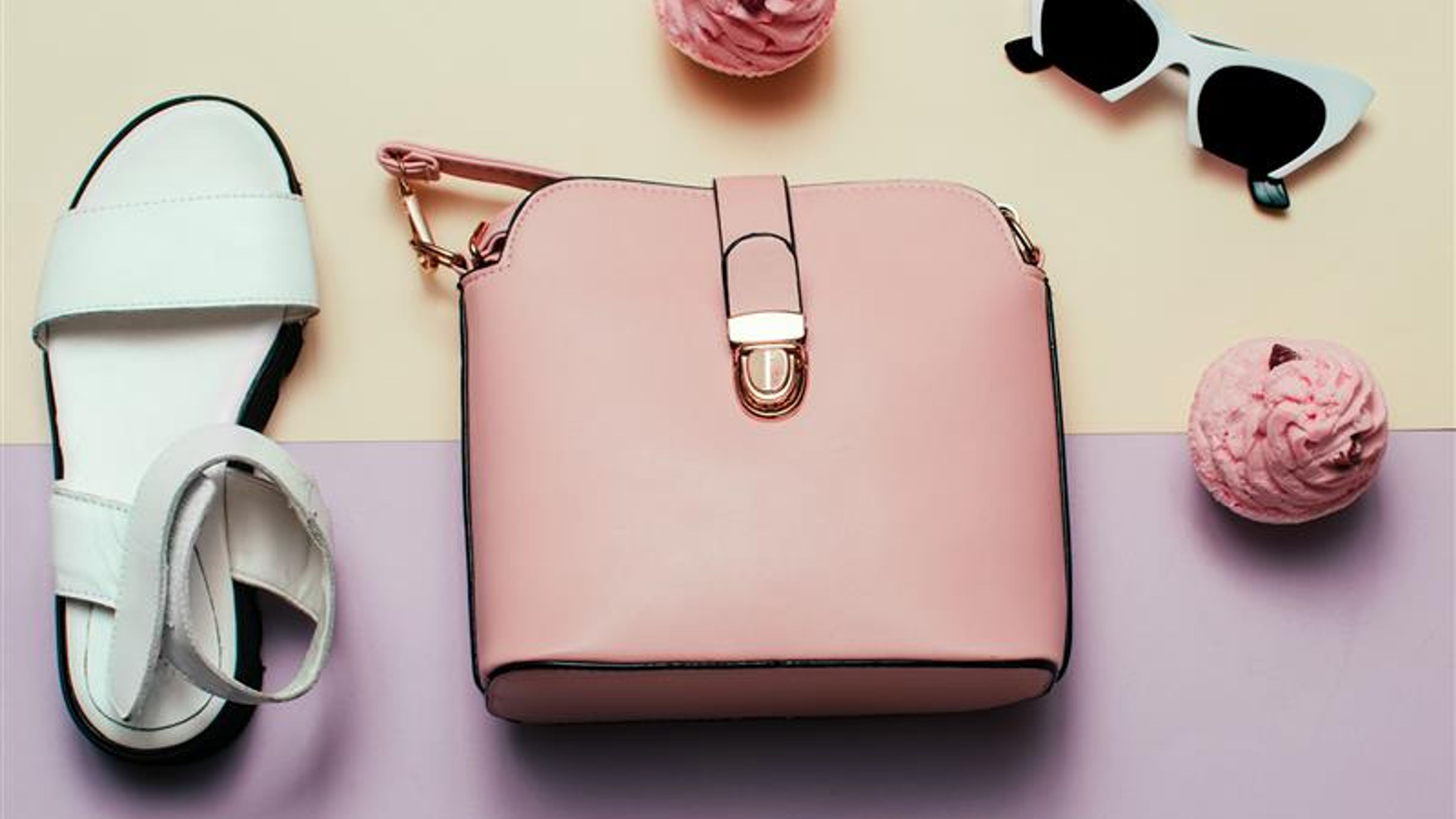 Ladies Fashion Accessories. Pink bag and sunglasses. Trendy sandals Pastel colors Trend 