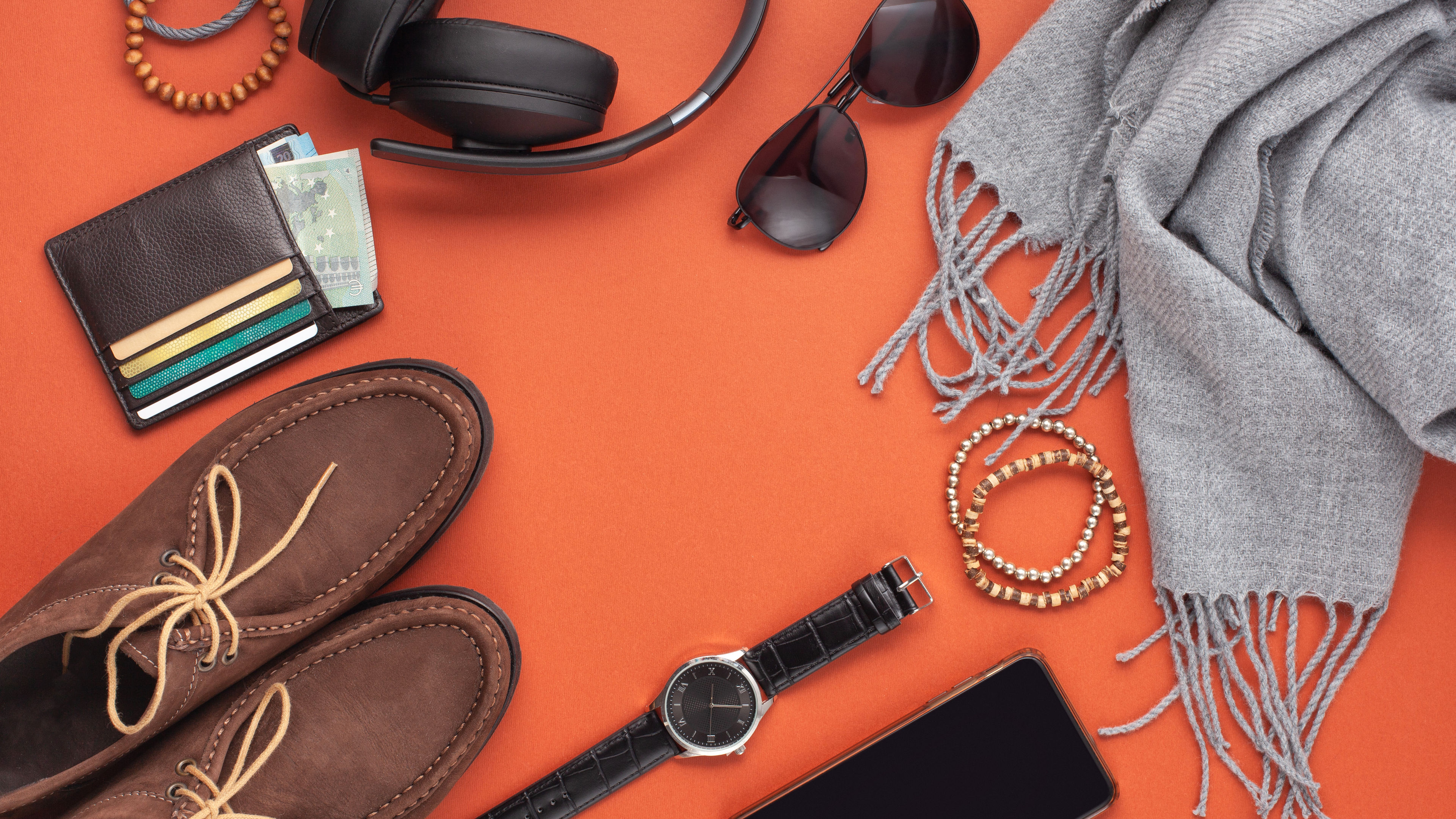 men accessories with shoes, watch, phone, earphones, sunglasses