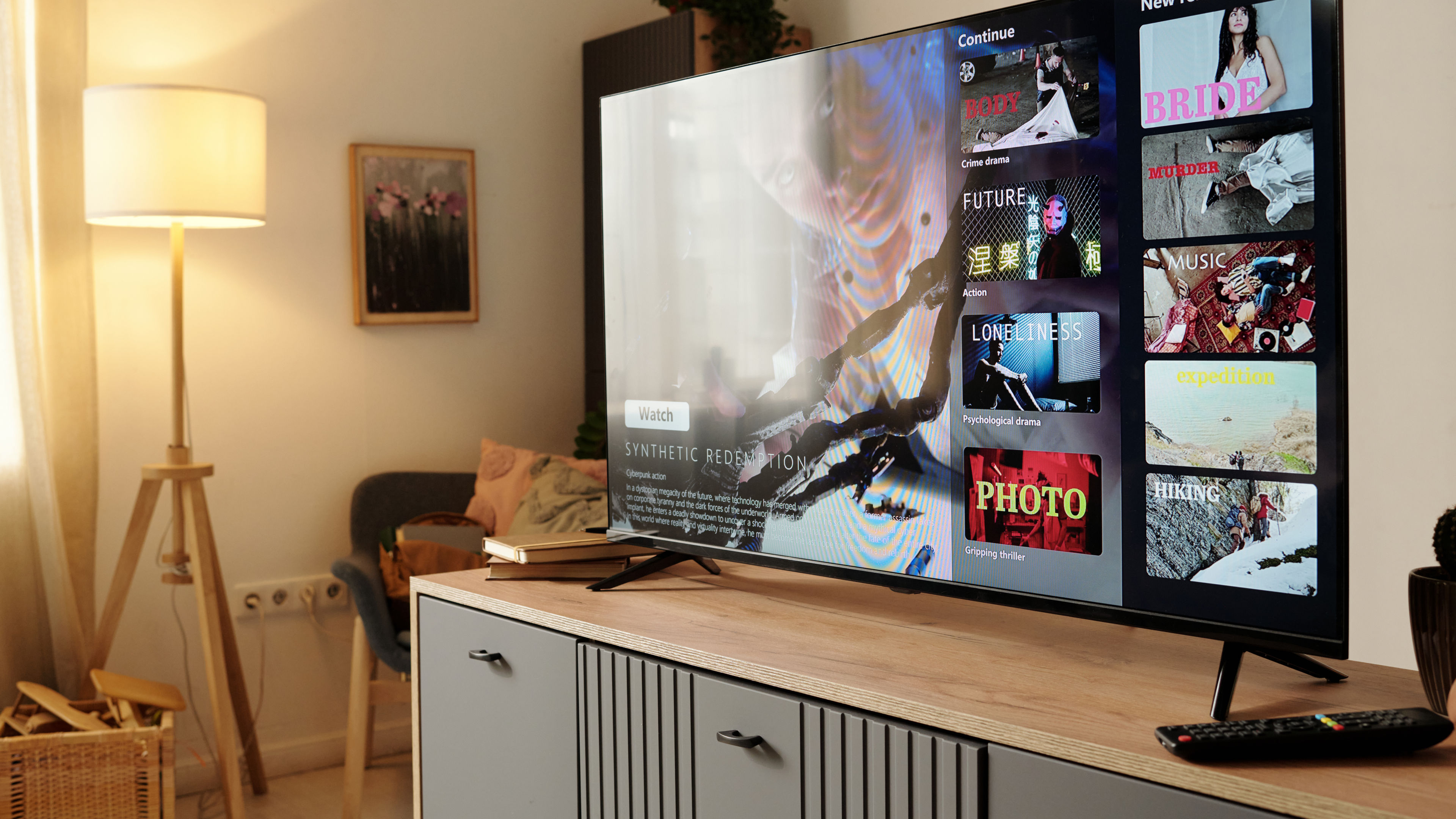 Viewing Entertainment on Modern Flat-Screen TV in a Cozy Room