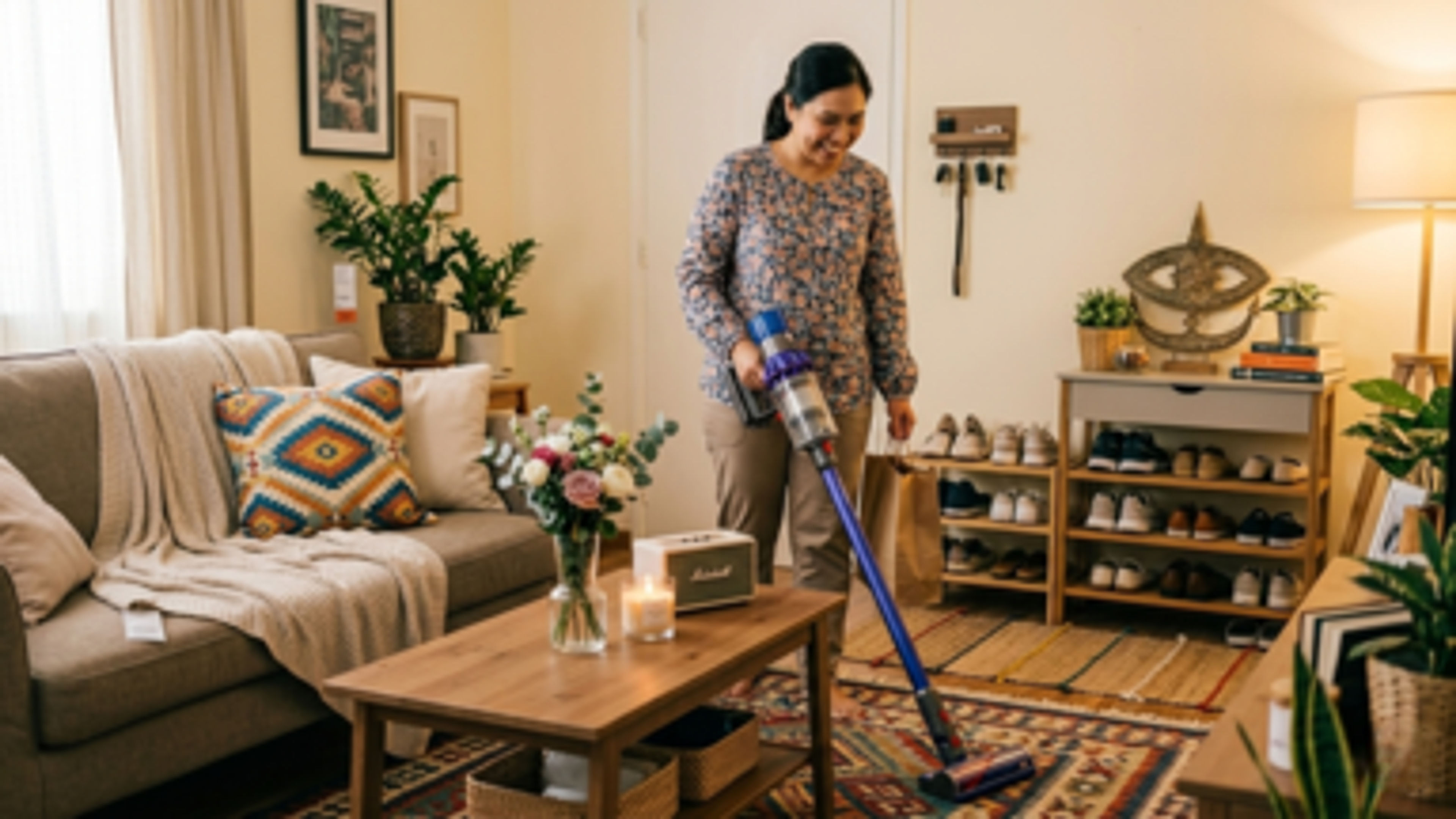 A woman cleaning the hall.