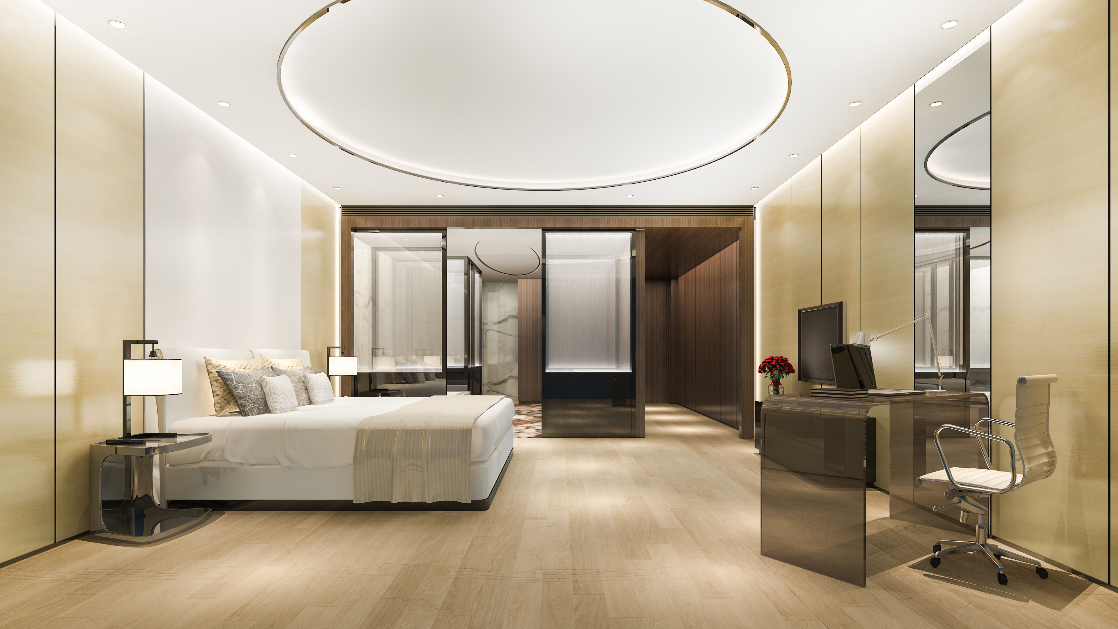 3d rendering luxury bedroom suite in hotel with working table near bathroom and a round ceiling