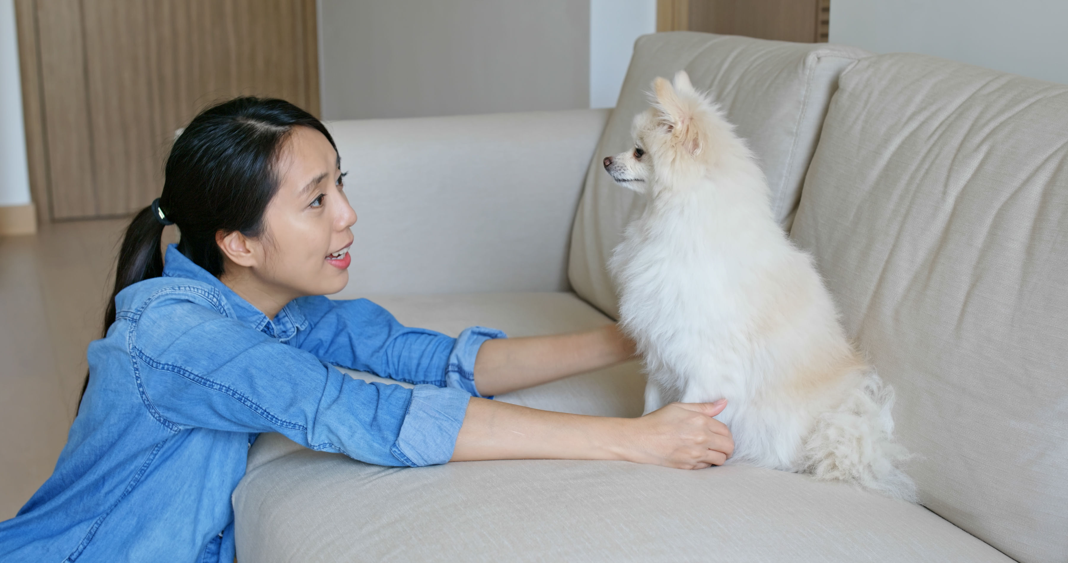Wanita memeluk anjing Pomeraniannya di rumah.