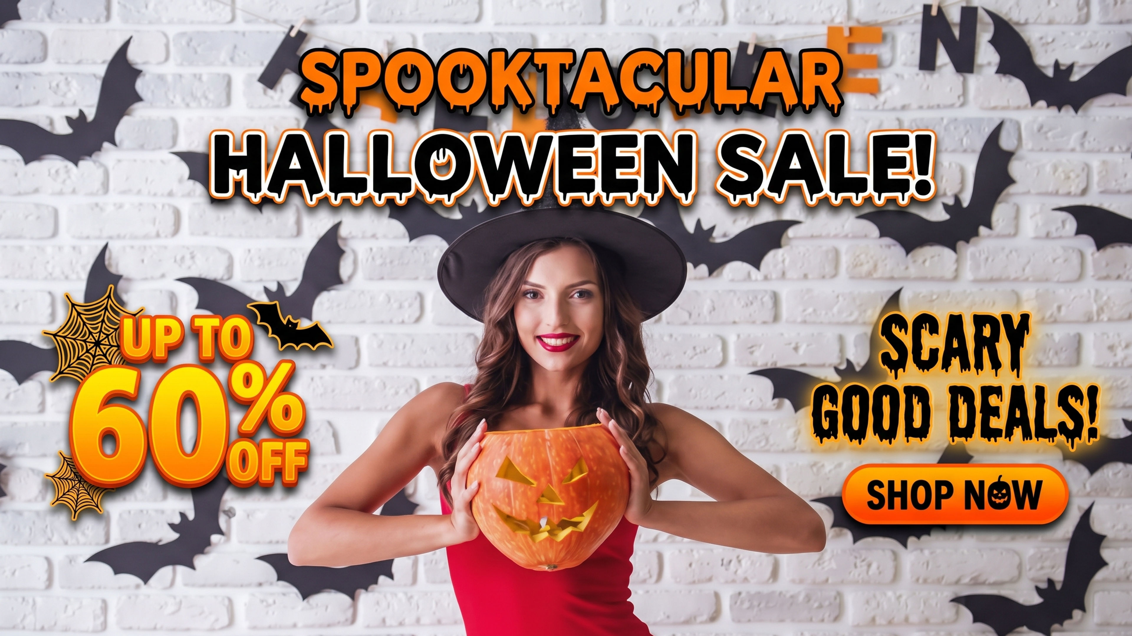A Halloween-themed shopping campaign featuring orange and black designs, flying bats, and thrilling seasonal discounts