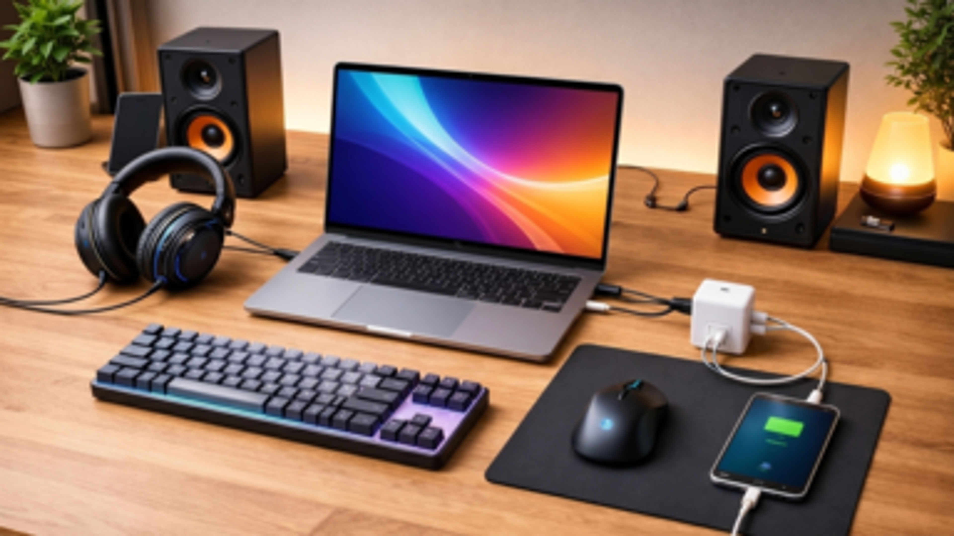 Laptop and electronic gadgets on a table.